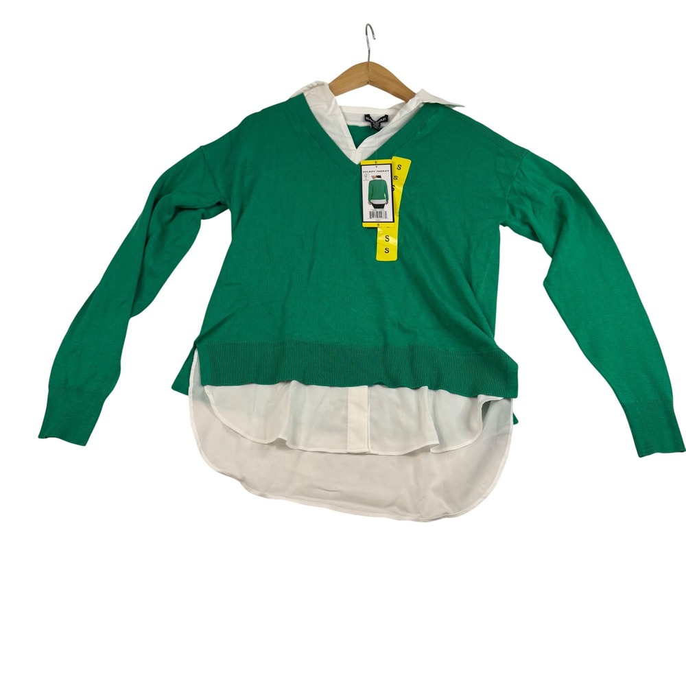 Hilary Radley Green Layered Look V-Neck Sweater White Collar Shirt Hem Small NEW